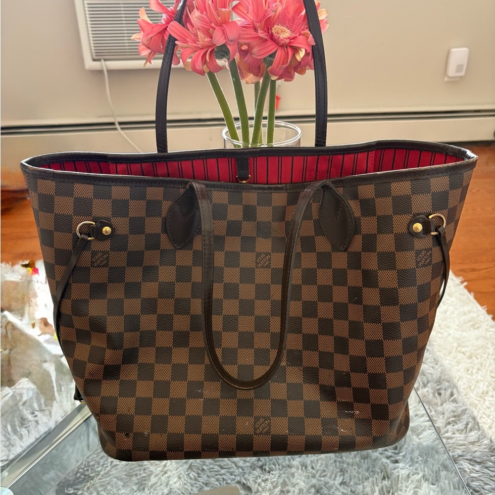 Louis Vuitton Brown Checkered Tote with Red Interior